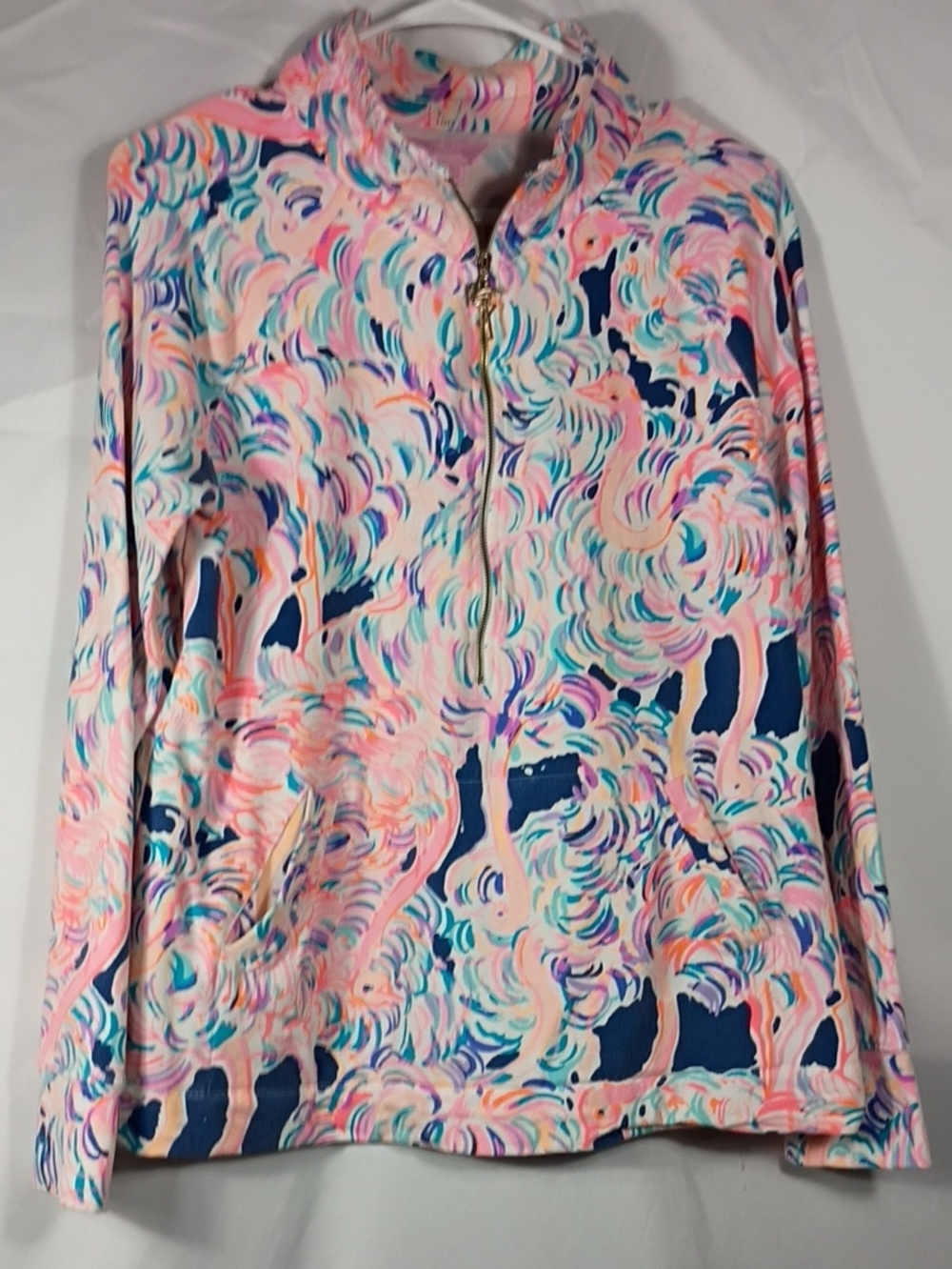 EUC Lilly Pulitzer Skippy Pop Over Half Zip Jacket Top Pink Flamingo Size Large